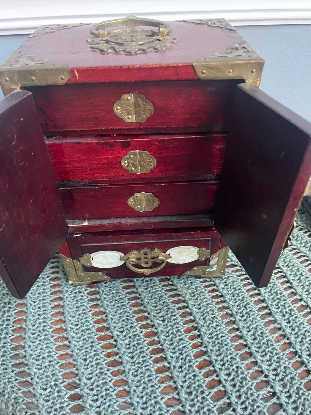 Vintage Chinese Carved Wood Jewelry Box With Jade Inlays & Brass Hardware